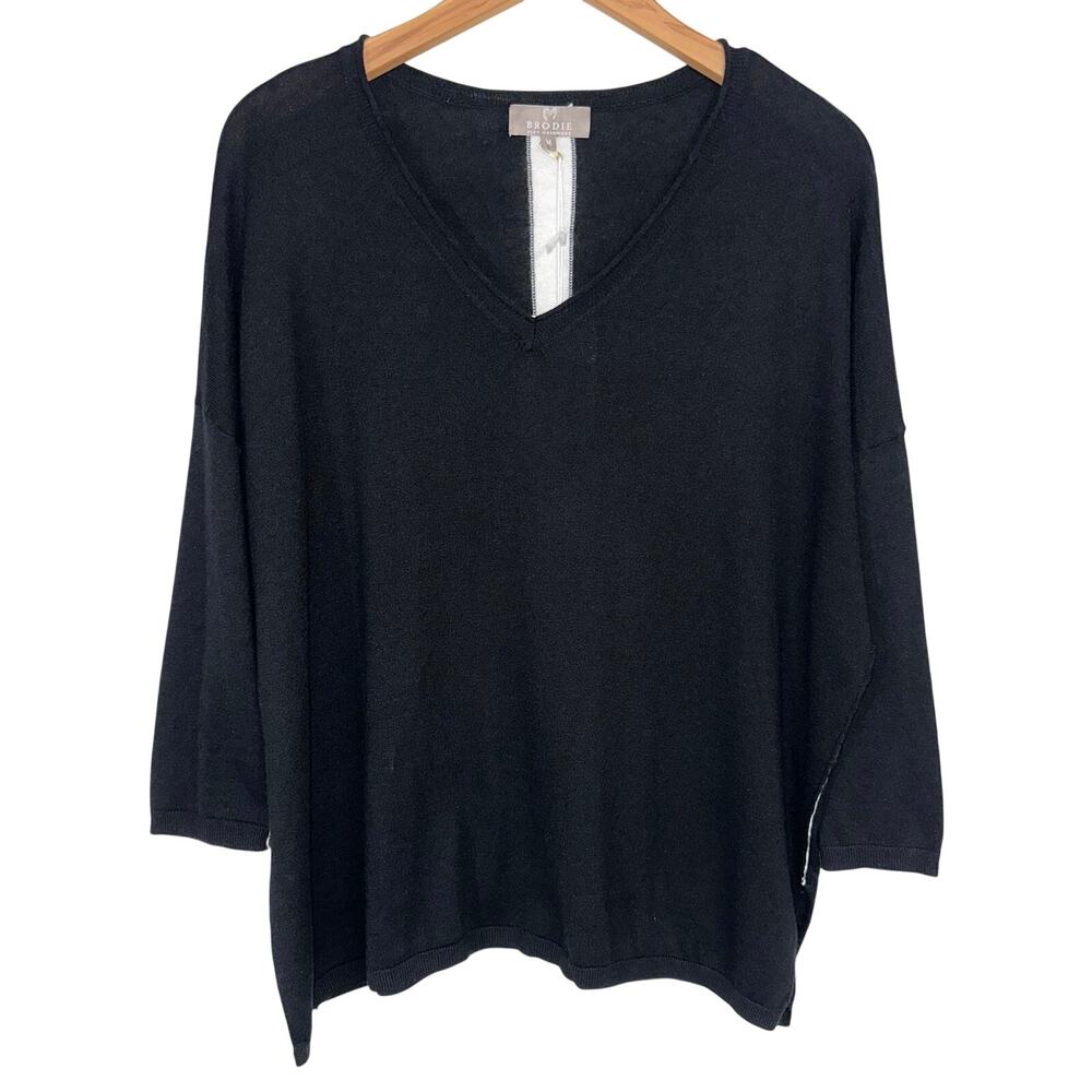 NWT Brodie Cashmere Black V-Neck Drop Shoulder Lightweight Knit Sweater M